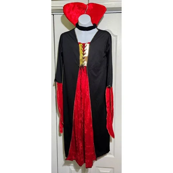 Vampire Costume Girls 10-12 Renaissance Red Velvet Dress Collar Fangs Rubies Kid - Picture 3 of 7
